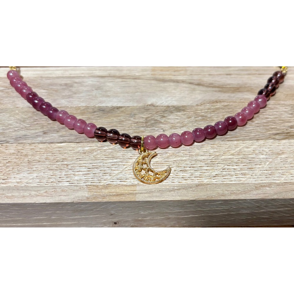 Handmade EarthTone Beaded Moon Charm Bracelet Gold Tone 8 Inch Celestial Jewelry